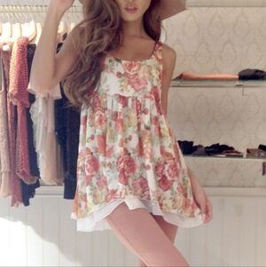 Rienda Gyaru Floral Print Sleeveless Ruffle Trim Babydoll Top